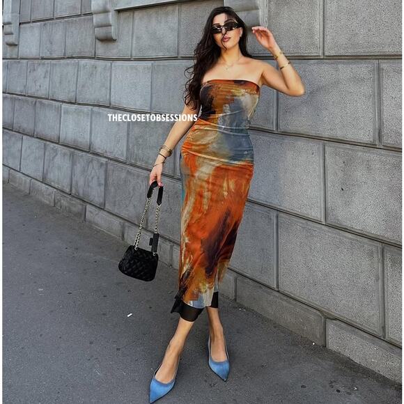 ZARA Multicolor Strapless Fitted Midi Dress NWT | Mesh Tulle | Size M - Picture 13 of 16